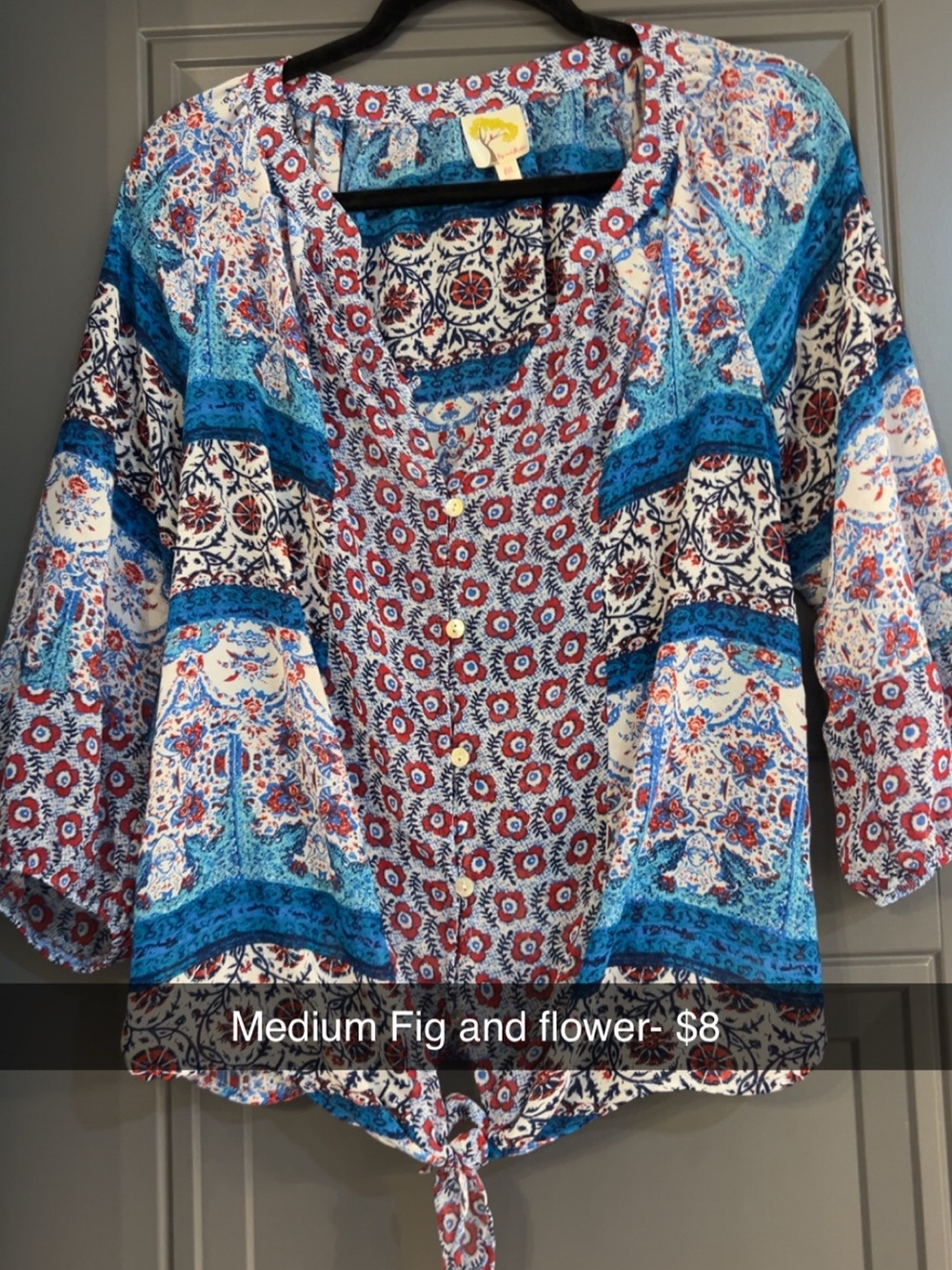 fig and flower Blue Multi-Print Button-Front Tie Hem Top